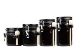 2 Wholesale Home Basics 4 Piece Ceramic Canister Set with Wooden Spoons, Black