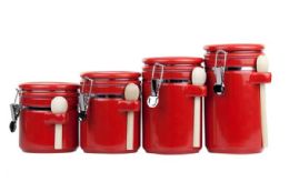 2 Wholesale Home Basics 4 Piece Ceramic Canister Set with Wooden Spoons, Red