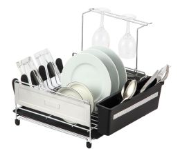 4 Wholesale Home Basics Deluxe Stainless Steel Dish Drainer With Wine Glass Holder, Black