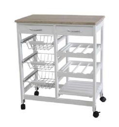 Wholesale Home Basics Oak Top Rolling Kitchen Trolley with Two Drawers and Three Baskets, White