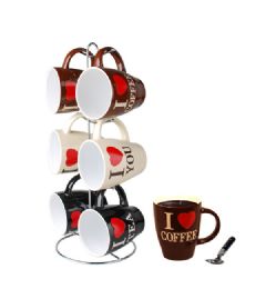 6 Pieces Home Basics I Love Coffee 6 Piece Mug Set with Stand - Coffee Mugs