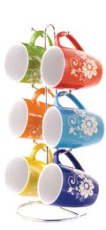 6 Pieces Home Basics 6 Piece Floral Mug Set With Stand, Multi-Color - Coffee Mugs