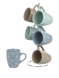 6 Wholesale Home Basics 6 Piece Polka Dot Mug Set With Stand, MultI-Color Pastel