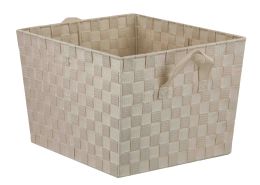 6 Wholesale Home Basics X-Large Polyester Woven Strap Open Bin, Ivory