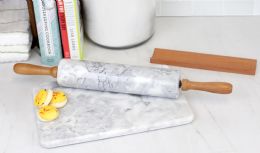 6 Wholesale Home Basics Marble Rolling Pin with Easy Grip Handles and Display Stand, White