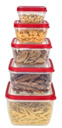 12 Wholesale Home Basics 10 Piece Spill-Proof Square Plastic Food Storage Container with Ventilated, Snap-On Lids, Red