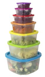 12 Wholesale Home Basics 7-Piece Plastic Food Storage Container Set With Multi-Colored Lids