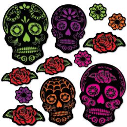 12 Pieces Day Of The Dead Sugar Skull Cutouts - Hanging Decorations & Cut Out