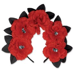 12 Wholesale Day Of The Dead Red Floral Headband Attached To SnaP-On Headband