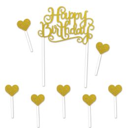 12 Bulk Happy Birthday Cake Topper Gold; 6-1.25  X 3.25  Heart Picks Included