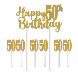 12 Bulk Happy  50th  Birthday Cake Topper 6-1  X 3.5  '50' Picks Included
