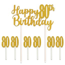 12 Bulk Happy  80th  Birthday Cake Topper 6-1  X 3.5  '80' Picks Included