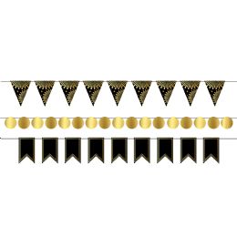 12 Wholesale Foil Mini Streamer Kit Black & Gold; 35-2 6 Pieces W/18' Cord; Makes 3 Streamers; Assembly Required