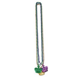 12 Pieces Beads W/crown Medallion Asstd Gold, Green, Purple - Party Necklaces & Bracelets