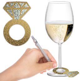 12 Wholesale Diamond Ring Wine Glass Markers Glitter Print