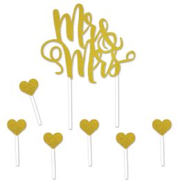 12 Pieces Mr & Mrs Cake Topper 6-1.25  X 3.25  Heart Picks Included - Party Accessory Sets