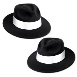 25 Wholesale Black Velour Fedora W/band PlastiC-Backed Velour W/white Printed Band; One Size Fits Most