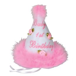 6 Wholesale Baby's 1st Birthday Cone Hat Pink; Medium Head Size W/ribbon Ties