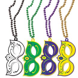 12 Pieces Mardi Gras Masks W/beads Asstd Colors - Party Necklaces & Bracelets