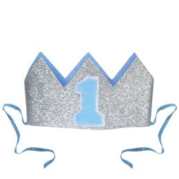 12 Bulk Glittered Baby's 1st Birthday Crown Detachable Ribbon Ties