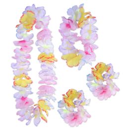 6 Wholesale Paradise Floral Lei Set White W/multI-Color Accents; LeI-36 , HeadbanD-20 , 2 WristletS-6