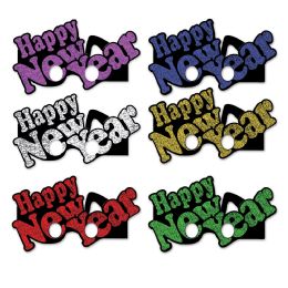 12 Pieces Happy New Year Eyeglasses Asstd Colors; Glitter Print; One Size Fits Most - Party Favors