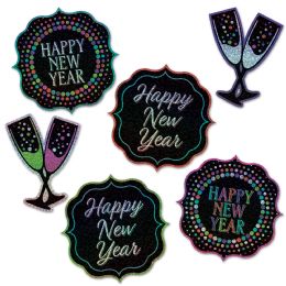 12 Wholesale Happy New Year Cutouts Prtd 2 Sides/glitter Print 1 Side