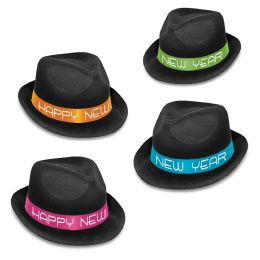 25 Wholesale Neon Glow Chairman Hats Black W/asstd Color Bands; PlastiC-Backed Velour; One Size Fits Most