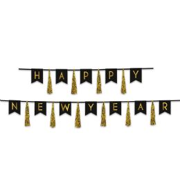12 Pieces Happy New Year Tassel Streamer Black & Gold; Can Use Each Piece Separately Or Combine To Create 1 Streamer - Party Banners