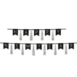 12 Pieces Happy New Year Tassel Streamer Black & Silver; Can Use Each Piece Separately Or Combine To Create 1 Streamer - Party Banners