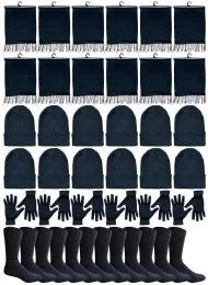 Winter Bundle Care Kit For Woman, 4 Piece - Hats Gloves Beanie Fleece Scarf Set In Solid Black