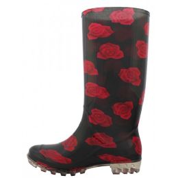 12 Pairs Women's 13.5 Inches Rubber Rain Boots In Black With Red Flower Print Sizes 6-11 - Women's Flip Flops