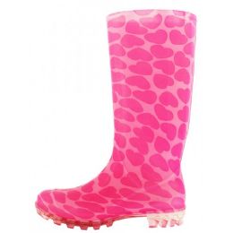 12 Pairs Women's 13.5 Inches Rubber Rain Boots In Black With Pink Heart Print Sizes 6-11 - Women's Flip Flops