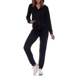 24 Wholesale Women's Jersey Knit Hoodie And Jogger Two Piece Set Size XL Black