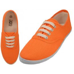 24 Pairs Women's Lace Up Casual Canvas Shoes In Neon Orange Sizes 6-11 - Women's Sneakers