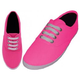24 Pairs Women's Lace Up Casual Canvas Shoes In Neon Fuchsia Sizes 6-11 - Women's Sneakers