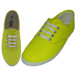 24 Pairs Women's Lace Up Casual Canvas Shoes In Neon Yellow Sizes 6-11 - Women's Sneakers