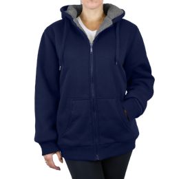 12 Wholesale Women's Loose Fit Oversize Full Zip Sherpa Lined Hoodie Fleece - Navy Size X Large