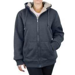 12 Wholesale Women's Loose Fit Oversize Full Zip Sherpa Lined Hoodie Fleece - Charcoal Size Large