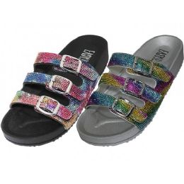 18 Pairs Women's Rainbow Rhinestone 3 Strap With Buckle Upper Sandals Sizes 6-11 - Women's Sandals