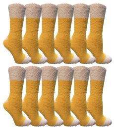 12 Units of Yacht & Smith Women's Fuzzy Snuggle Socks , Size 9-11 Comfort Socks Yellow With White Heel And Toe - Womens Fuzzy Socks