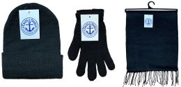 72 Wholesale Yacht & Smith 3 Piece Winter Care Set, Solid Black Hat Glove Scarf Bulk Buy