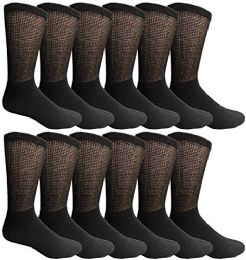 12 Wholesale Yacht & Smith Men's Loose Fit NoN-Binding Soft Cotton Diabetic Black Crew Socks Size 13-16