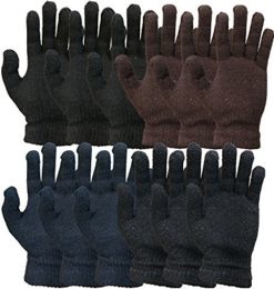 12 Pairs Yacht & Smith Men's Winter Gloves, Magic Stretch Gloves In Assorted Solid Colors - Knitted Stretch Gloves
