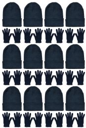 24 Bulk Yacht & Smith Unisex Warm Winter Hats And Glove Set Solid Black 24 Piece
