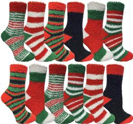 24 Wholesale Yacht & Smith Women's Printed Assorted Colors Warm & Cozy Fuzzy Christmas Holiday Socks