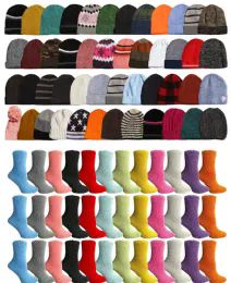 96 Wholesale Yacht & Smith Womens Assorted Winter Beanies And Colorful Fuzzy Socks