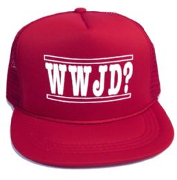 48 Wholesale Youth Mesh Back Printed Hat, "wwjd?", Assorted Colors