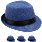 Navy Blue Paper Straw Black Banded Kid Trilby Fedora Hat