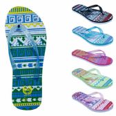 Wholesale Footwear Women's Flip Flops With/ Dual Layer Heel & Sparkle Straps - Tribal Print